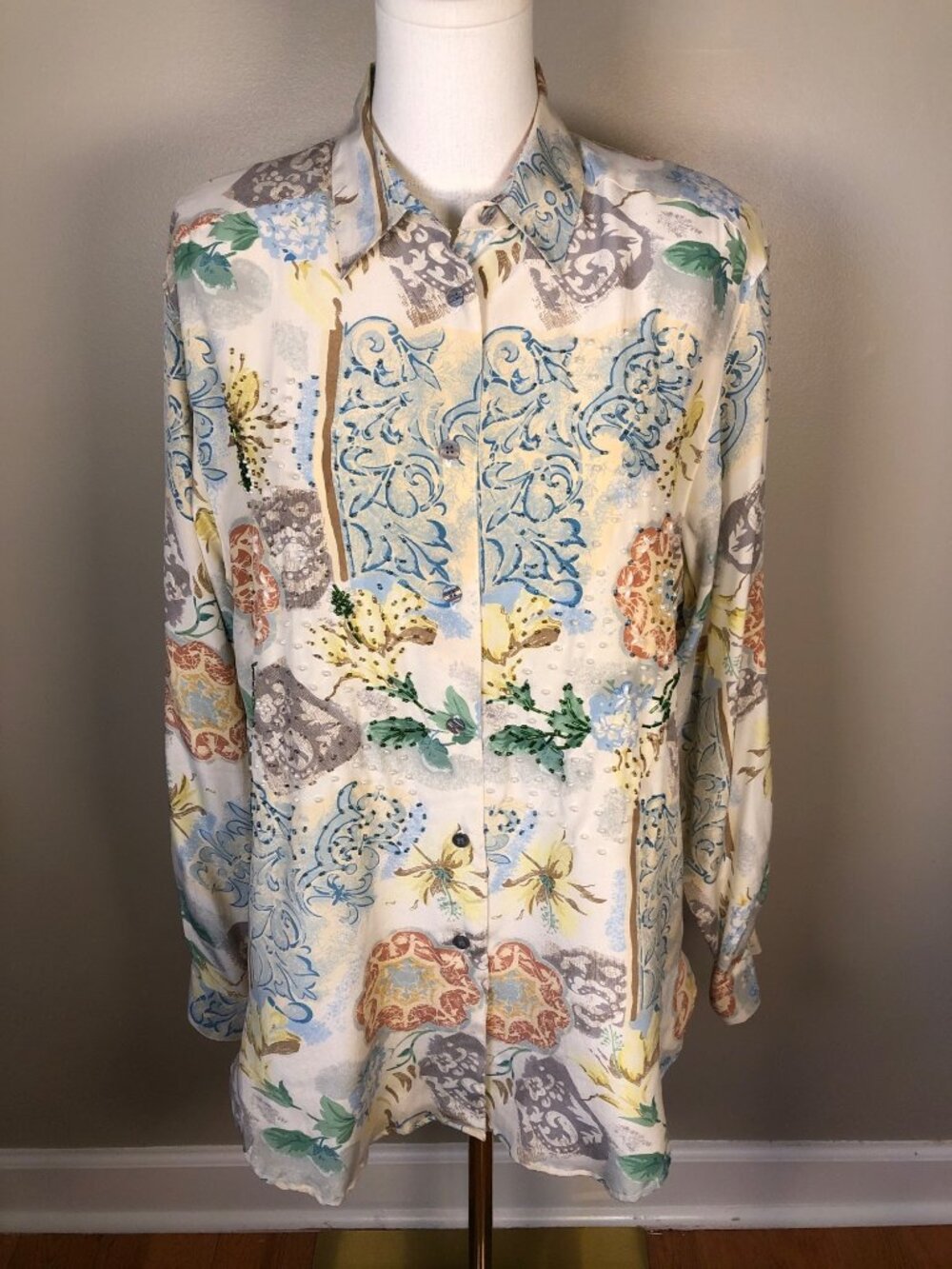 NWT Vintage Silk Club 100% Silk Beaded Button Up Blouse Size M Art Deco Elegance